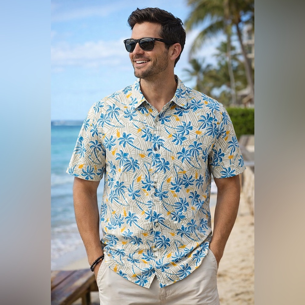Columbia Men’s Tropical Palm Print Button Up Shirt Hawaiian Summer Aloha Size XL